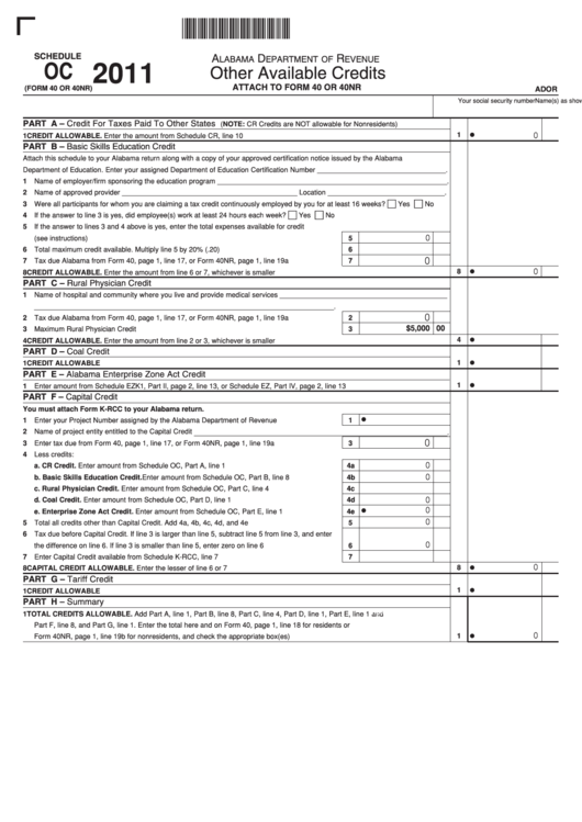 Fillable Schedule Oc (Form 40 Or 40nr) - Other Available Credits - Alabama Department Of Revenue - 2011 Printable pdf