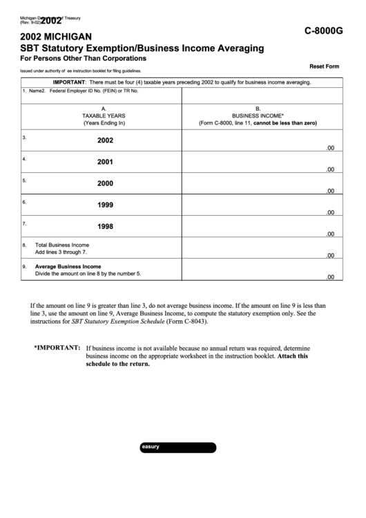 Fillable Form C-8000g - Sbt Statutory Exemption/business Income Averaging - Michigan Department Of Treasury - 2002 Printable pdf