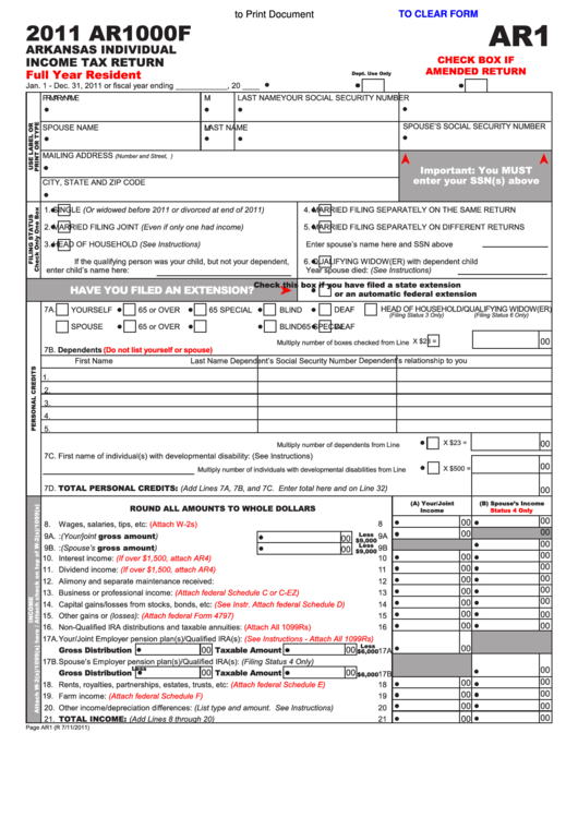 Fillable Form Ar1000f - Arkansas Individual Income Tax Return - 2011 Printable pdf