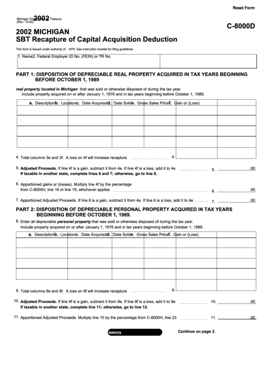 Fillable Form C-8000d - Michigan Sbt Recapture Of Capital Acquisition Deduction - 2002 Printable pdf