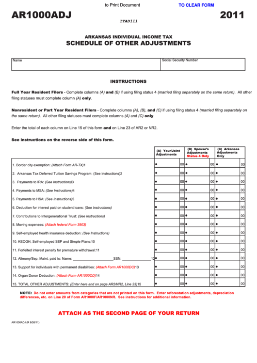 Fillable Form Ar1000adj - Schedule Of Other Adjustments - 2011 Printable pdf