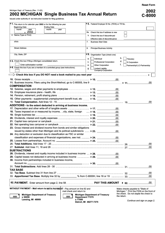 Fillable Form C-8000 - Michigan Single Business Tax Annual Return - 2002 Printable pdf