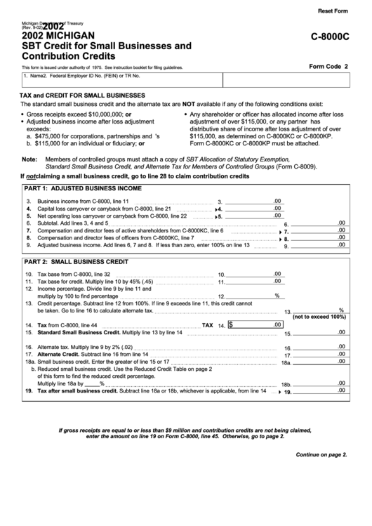 Fillable Form C-8000c - Michigan Sbt Credit For Small Businesses And Contribution Credits - 2002 Printable pdf
