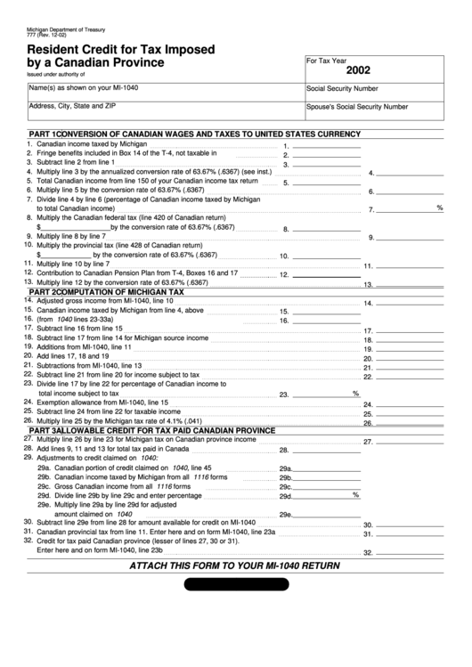 Form 777 - Michigan Resident Credit For Tax Imposed By A Canadian Province - 2002 Printable pdf