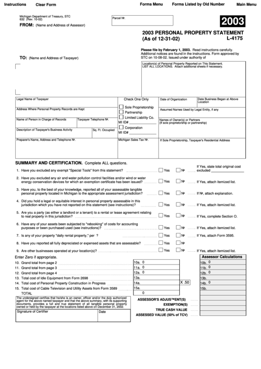 Fillable Form L-4175 - Personal Property Statement - Michigan Department Of Treasury - 2003 Printable pdf