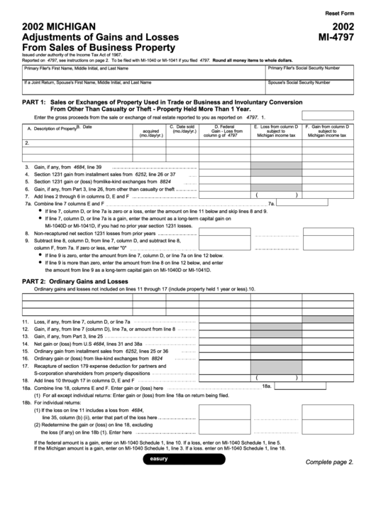 Fillable Form Mi-4797 - Michigan Adjustments Of Gains And Losses From Sales Of Business Property - 2002 Printable pdf