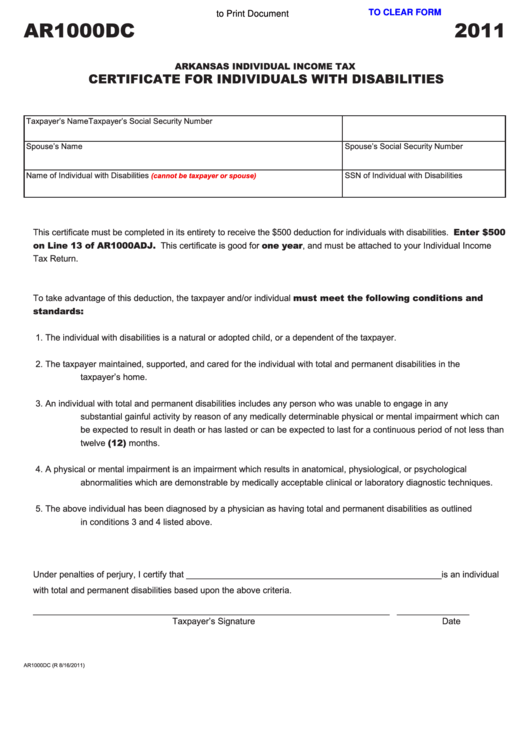 Fillable Form Ar1000dc - Arkansas Individual Income Tax Certificate For Individuals With Disabilities - 2011 Printable pdf