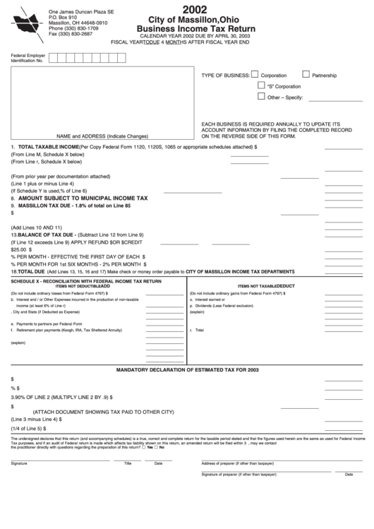 Business Income Tax Return Form - City Of Massillon, Ohio - 2002 Printable pdf