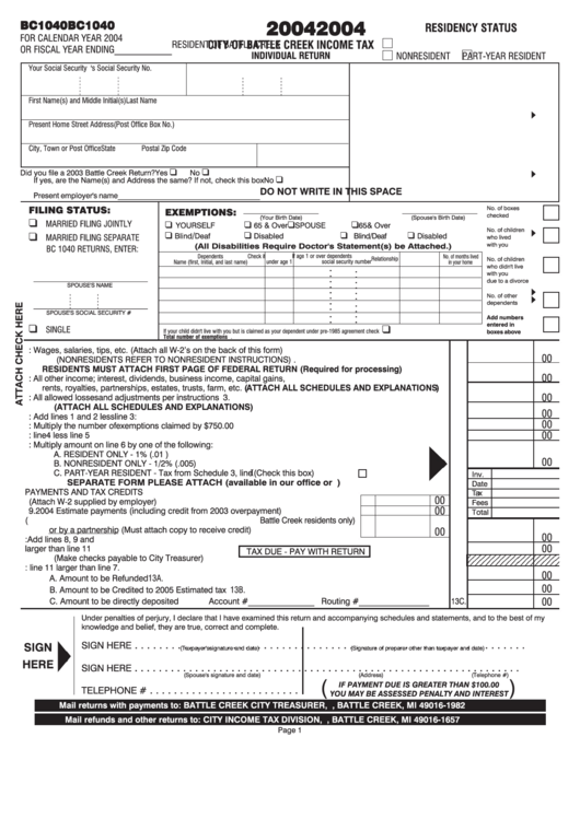 Form Bc1040 - City Of Battle Creek Income Tax Individual Return - 2004 Printable pdf