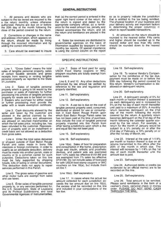 Sales/use Tax Return Instructions East Baton Rouge Parish printable