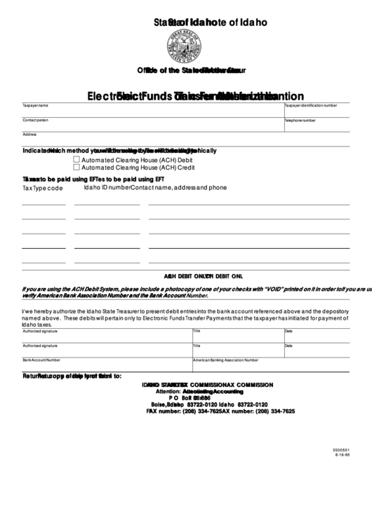 Electronic Funds Transfer Authorization - Idaho State Tax Commission Printable pdf