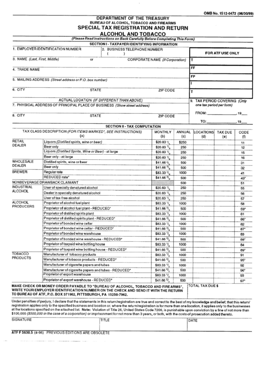 Form Atf 5630.5 - Special Tax Registration And Return Alcohol And Tobacco Printable pdf