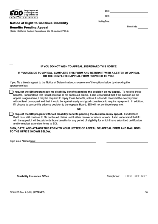 Fillable Form De 6315d - Notice Of Right To Continue Disability Benefits Pending Appeal Printable pdf