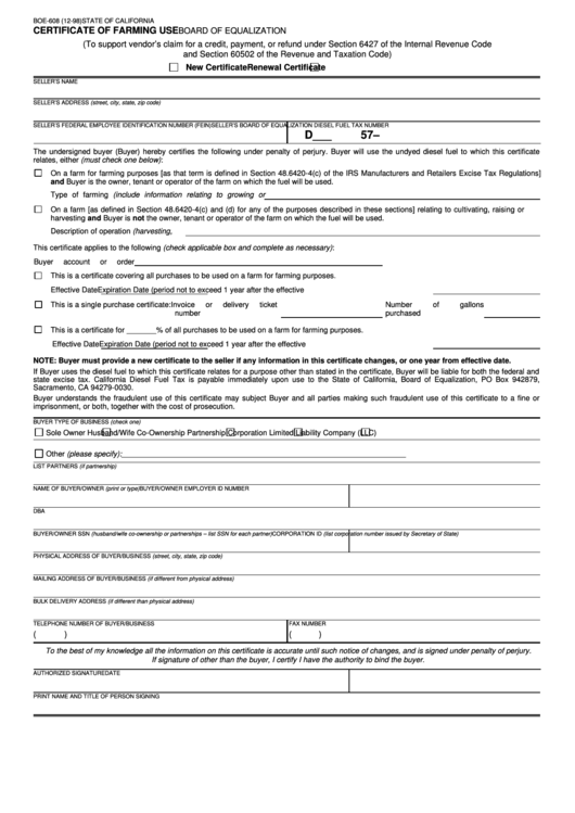 Form Boe-608 - Certificate Of Farming Use Printable pdf