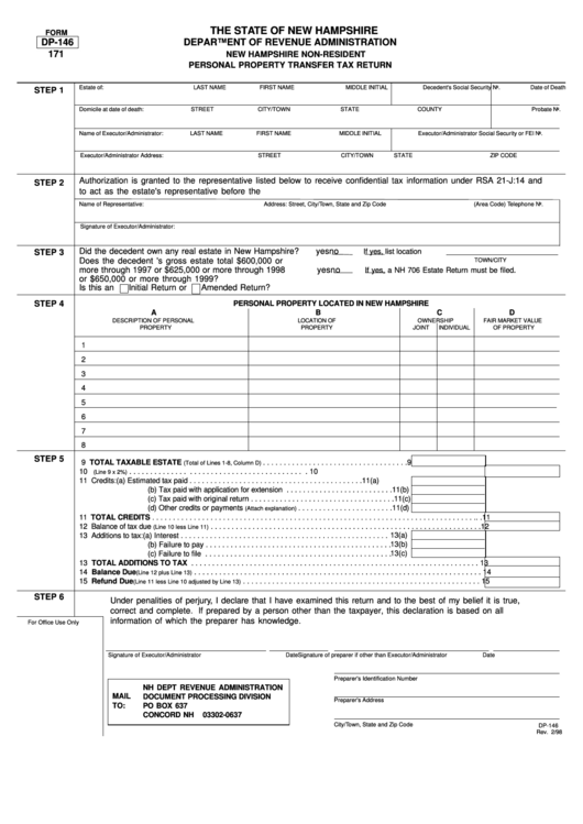 Form Dp-146 - New Hampshire Non-Resident Personal Property Transfer Tax Return Printable pdf