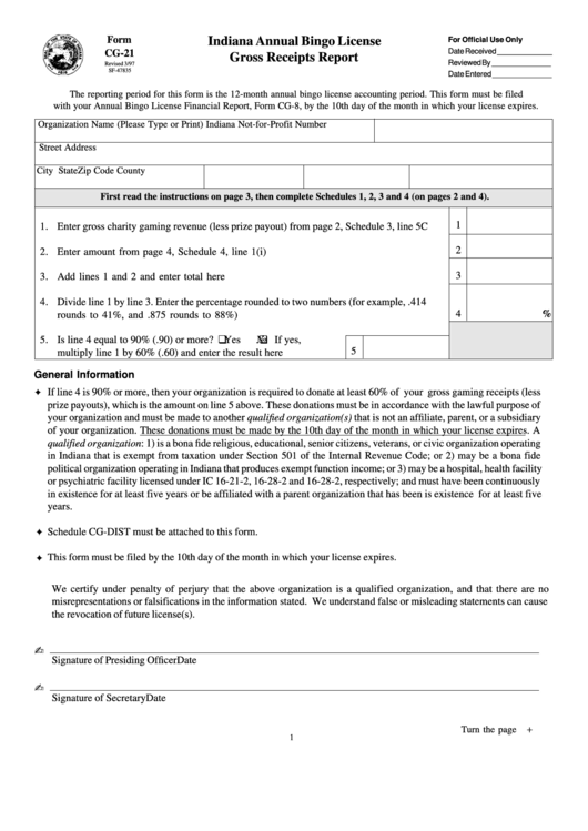 Form Cg-21 - Indiana Annual Bingo License Gross Receipts Report Printable pdf