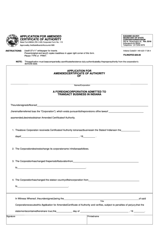 Fillable State Form 39034 - Application For Amended Certificate Of Authority Printable pdf
