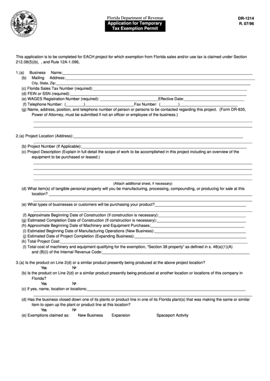 Fillable Form Dr-1214 - Application For Temporary Tax Exemption Permit Printable pdf