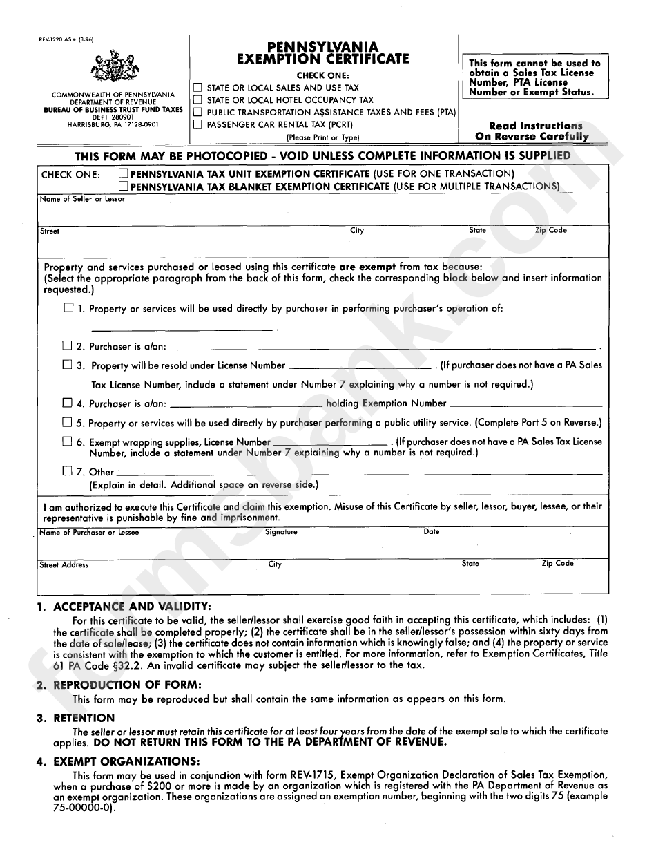 Pa Exemption Certificate Form Fill Out And Sign Printable Pdf - Riset