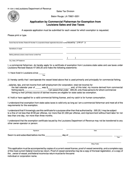 Form R-1334 - Application By Commercial Fisherman For Exemption From ...