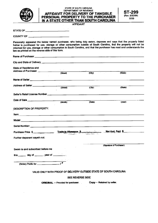 Form St-299 - Affidavit For Delivery Of Tangible Personal Property To The Purchaser In A State Other Than South Carolina Printable pdf