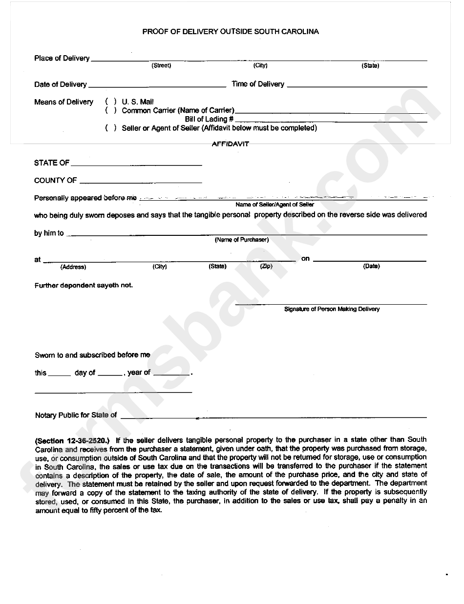 Form St-299 - Affidavit For Delivery Of Tangible Personal Property To The Purchaser In A State Other Than South Carolina