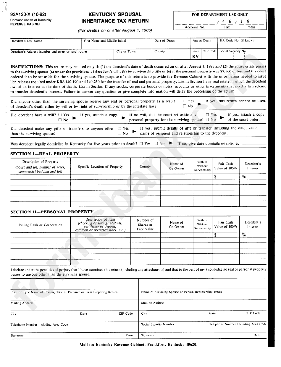 Fillable Form 92a120 X Kentucky Spousal Inheritance Tax Return 