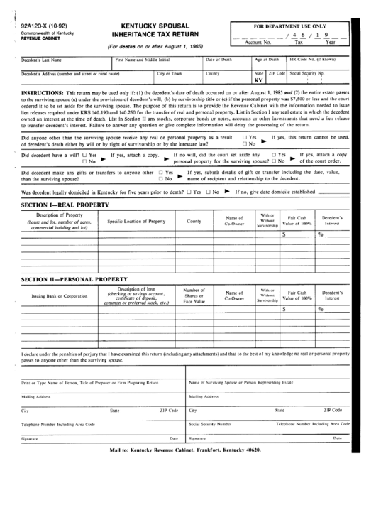 Fillable Form 92a120-X - Kentucky Spousal Inheritance Tax Return Printable pdf