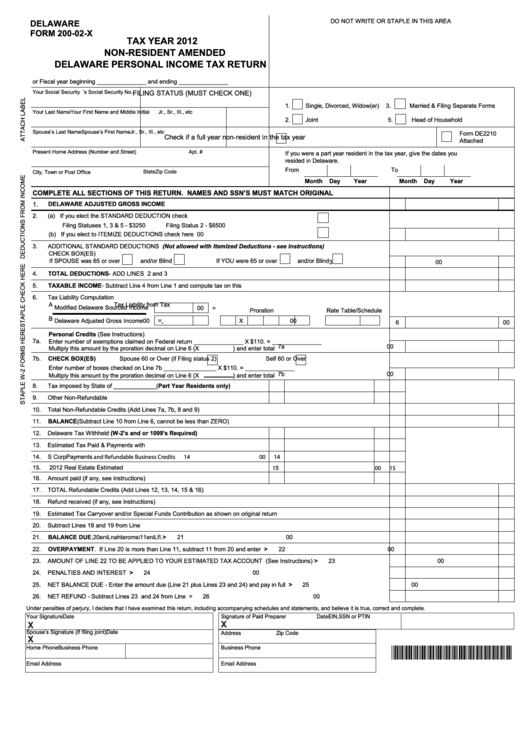 Form 200-02-X - Non-Resident Amended Delaware Personal Income Tax Return - 2012 Printable pdf