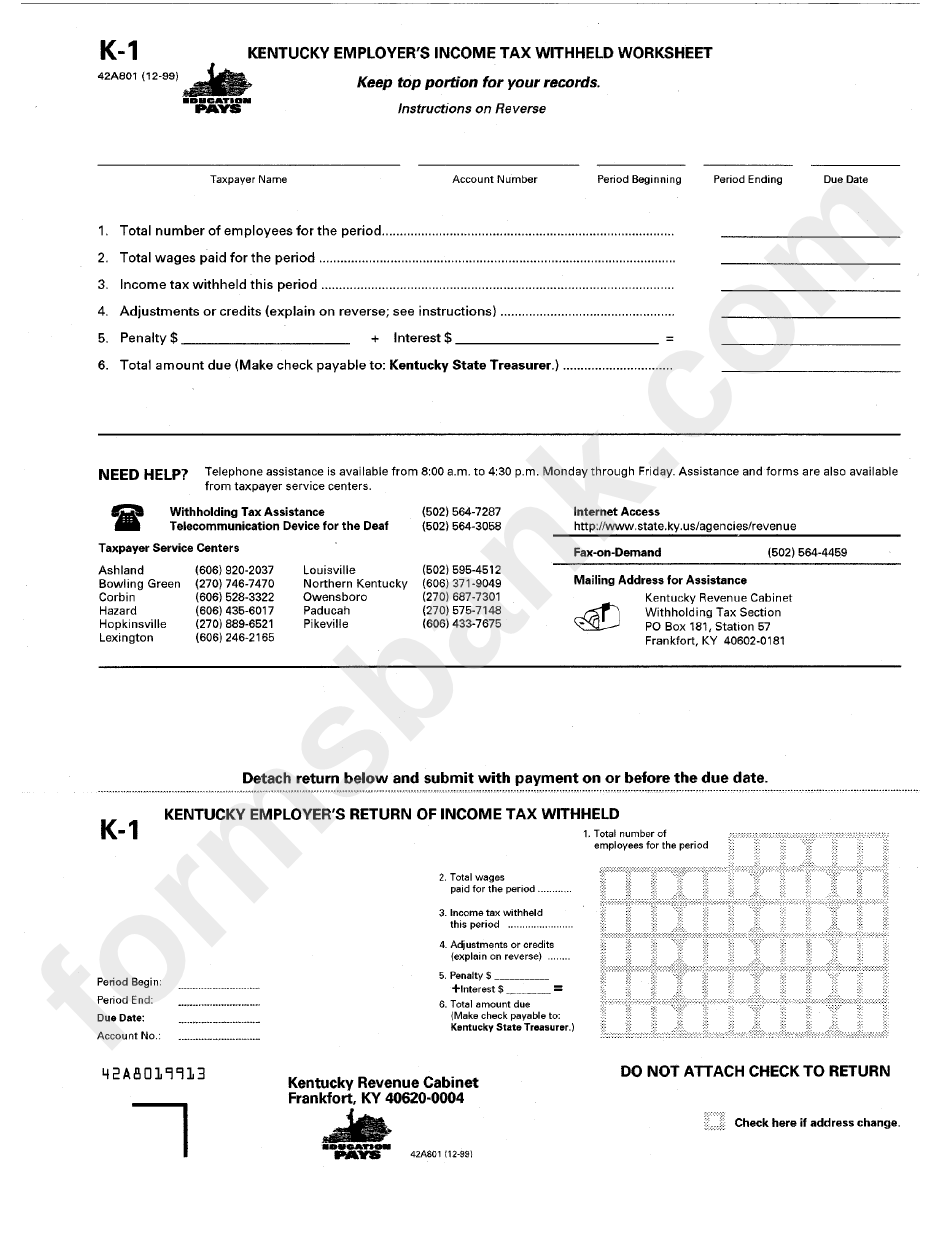 Download Form K-1 - Kentucky Employer'S Return Of Income Tax Withheld printable pdf download