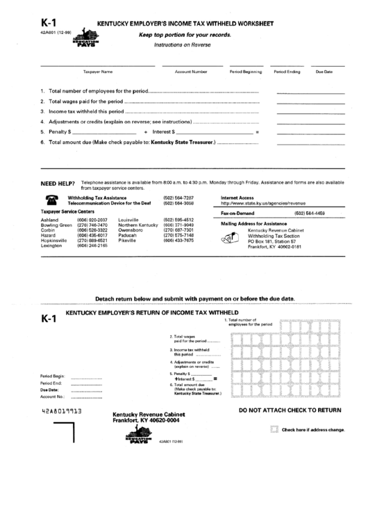 Form K1 Kentucky Employer'S Return Of Tax Withheld printable