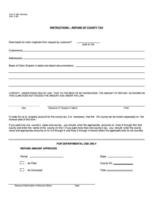 Form E- 588 - Instructions - Refund Of County Tax Printable pdf