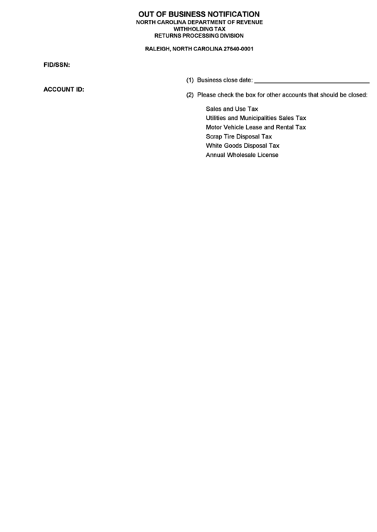 Out Of Business Notification - North Carolina Department Of Revenue Printable pdf