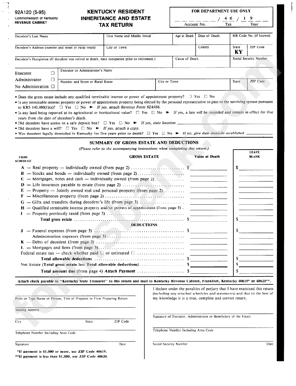 Fillable Form 92a120 Kentucky Resident Inheritance And Estate Tax
