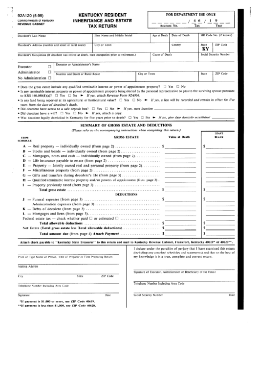 Fillable Form 92a120 - Kentucky Resident Inheritance And Estate Tax Return Printable pdf