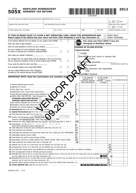 Form 505x Draft - Maryland Nonresident Amended Tax Return - 2012 Printable pdf