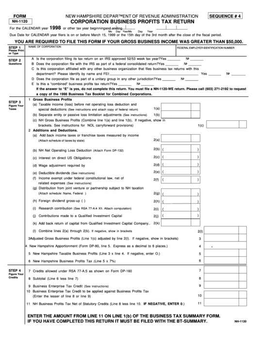Fillable Form Nh-1120 - Corporation Business Profits Tax Return Printable pdf
