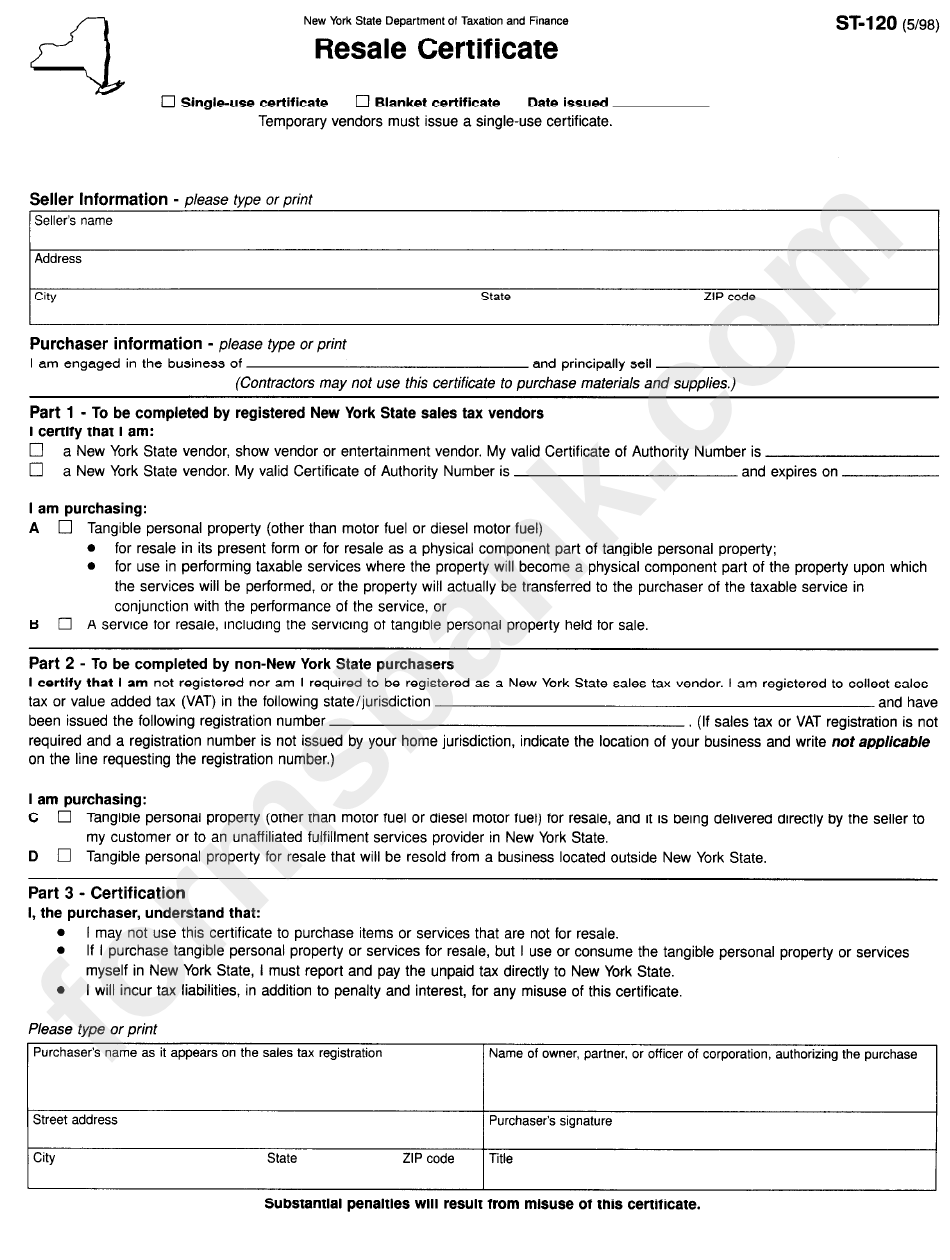 Fillable Form St 120 Resale Certificate Printable Pdf Download