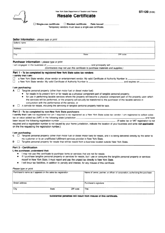 Fillable Form St-120 - Resale Certificate Printable pdf