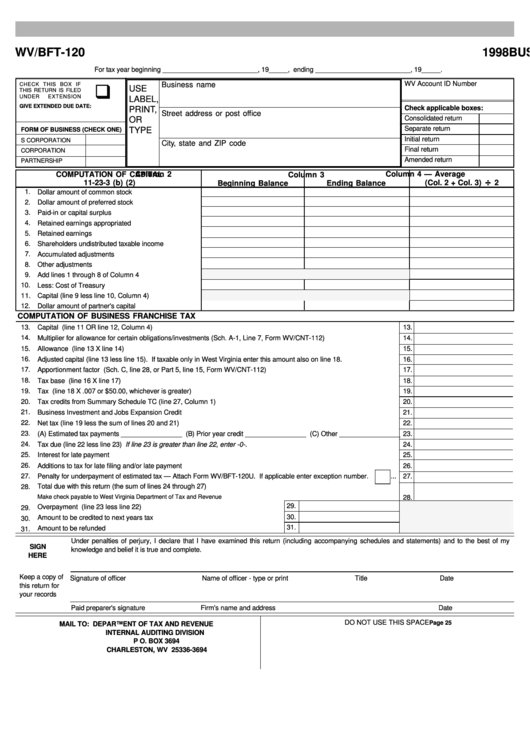 Fillable Form Wv/bft-120 - Business Franchise Tax Return - 1998 Printable pdf