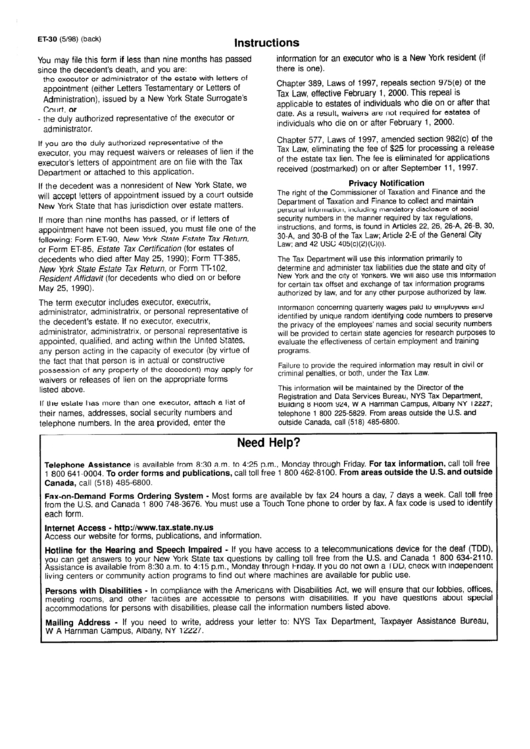Form Et-30 - Application For Release(S) Of Estate Tax Lien Instructions Printable pdf