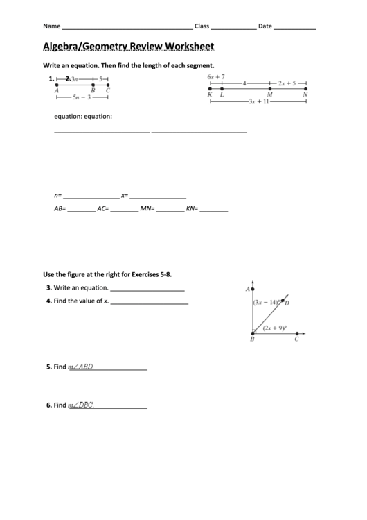 Algebra/geometry Review Worksheet Printable pdf