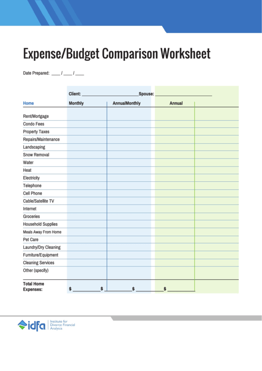 Fillable Expense/budget Comparison Worksheet Printable pdf