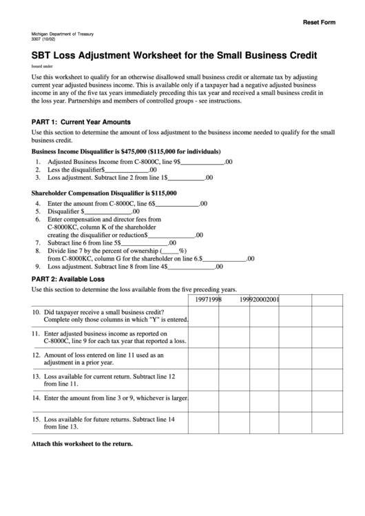 Fillable Form 3307 - Sbt Loss Adjustment Worksheet For The Small Business Credit - 2002 Printable pdf