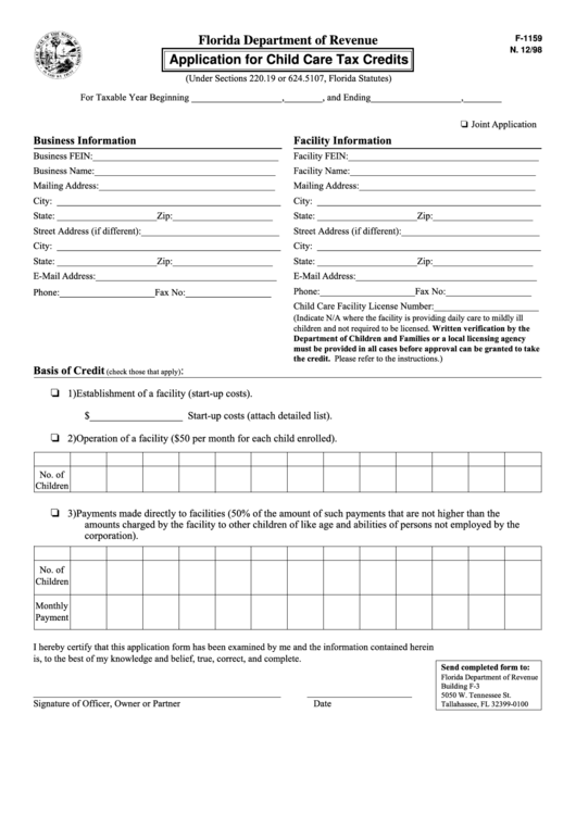 Fillable Form F-1159 - Application For Child Care Tax Credits Printable pdf
