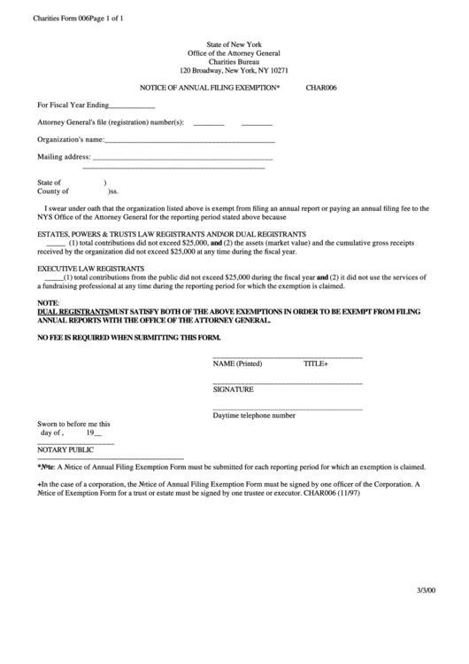 Charities Form 006 - Notice Of Annual Filing Exemption Printable pdf