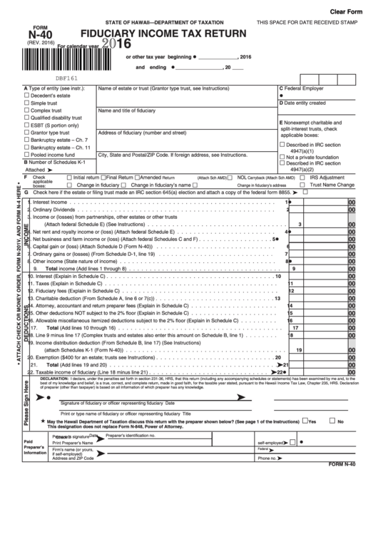 Form N-40 - Fiduciary Income Tax Return - 2016