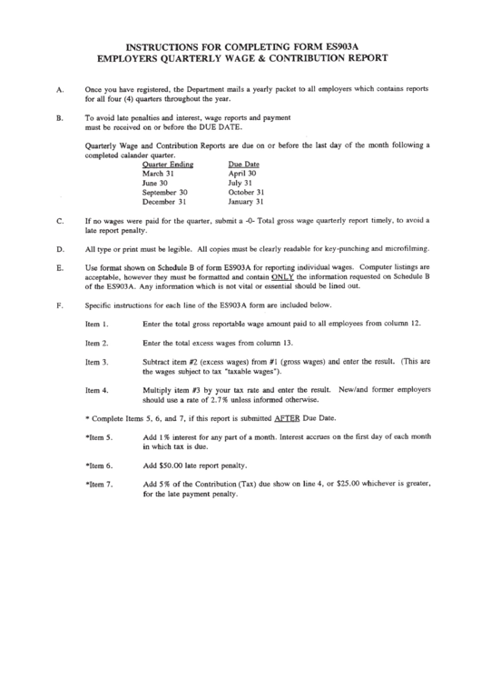Instructions For Form Es903a - Employers Quarterly Wage & Contribution Report Printable pdf