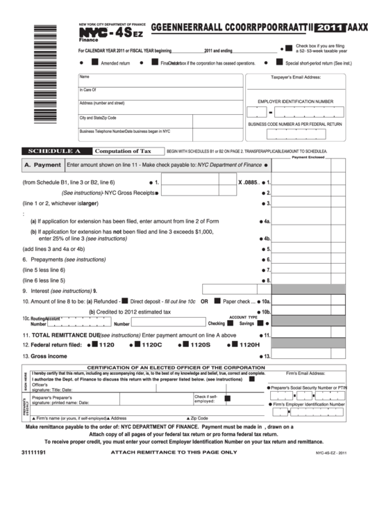 Fillable Form Nyc-4sez - General Corporation Tax Return - 2011 Printable pdf