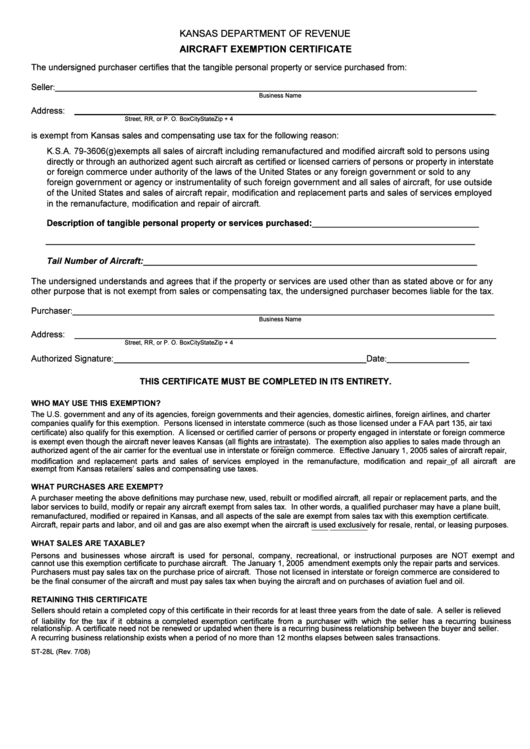 Form St-28l - Aircraft Exemption Certificate - Kansas Department Of Revenue Printable pdf